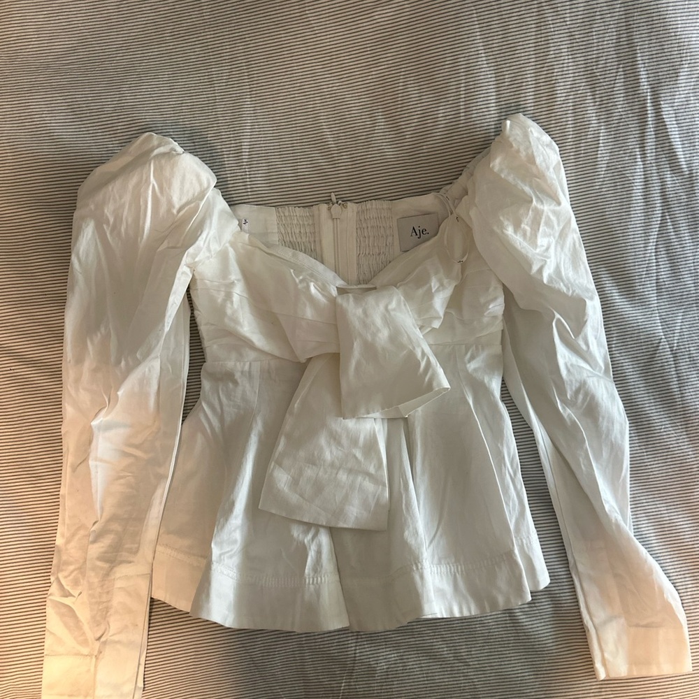 Aje White Puff Sleeve Blouse with Bow